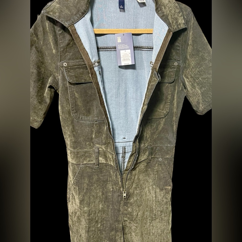 New Women’s Olive Short-Sleeve Flocked Wide-Leg Denim Jumpsuit Painter Style - Picture 6 of 11